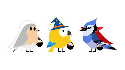 Halloween Bird Friends: A whimsical and festive illustration features three adorable birds dressed up in creative Halloween costumes, each holding a treat bucket.
