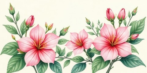 Obraz premium Delicate Pink Blossom Branch with Lush Foliage and Unopened Buds, a Botanical Illustration Perfect for Springtime Designs
