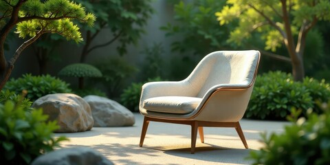 Serene outdoor lounge chair in a peaceful garden setting, bathed in soft sunlight