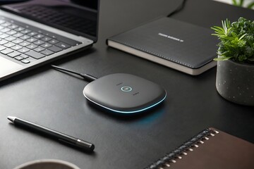 A black desk with a wireless charger, a laptop, a notebook, a pen, and two smartphones on it