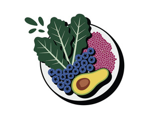 Healthy vibrant bowl of fresh berries avocado leafy greens and grains