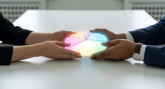 Dynamic duo analyzing glowing pie chart for strategic business planning and investment