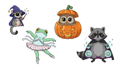 Enchanted Creatures Gathering: A whimsical collection of charming animated critters in playful costumes.