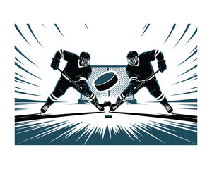 Dynamic illustration of two hockey players in action during a fast paced game with a puck and net