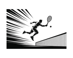 Dynamic black and white illustration of a tennis player in mid air executing a powerful serve