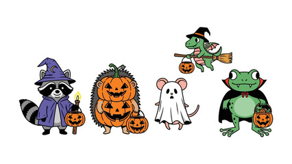 Halloween Crew's Spooktacular Gathering: A whimsical collection of adorable cartoon animals dons festive Halloween costumes, including a raccoon, hedgehog, mouse, dragon, and frog.