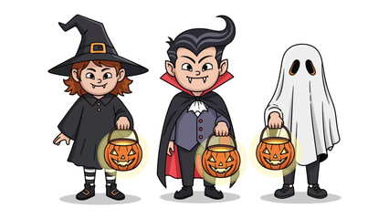 Halloween Trio: A collection of cheerful cartoon characters, dressed as a witch, vampire, and ghost, holding illuminated jack-o'-lanterns, perfect for Halloween celebrations.