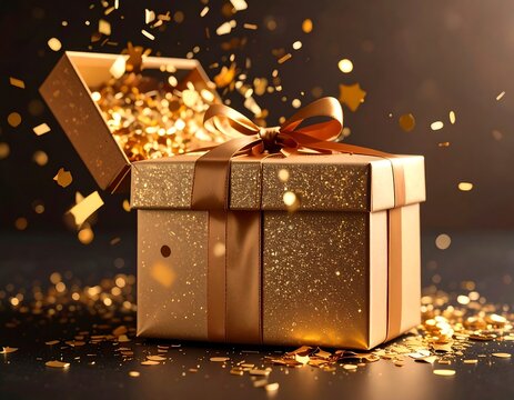 A golden gift box opens with a confetti burst