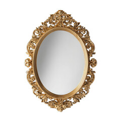 Ornate, golden framed oval mirror on a dark background