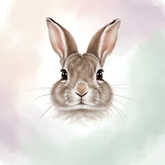 Obraz premium Charming 4K wallpaper of a playful rabbit nibbling grass, fluffy fur textures detailed against a soft pale green background, creating a cute and calming minimalist look. 