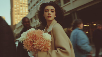 retro cinematic aesthetic stylish woman walking with flowers in a busy city street, elegant fashion portrait in motion,  for editorials, lifestyle blogs, urban romance stories, 70s 80s film look