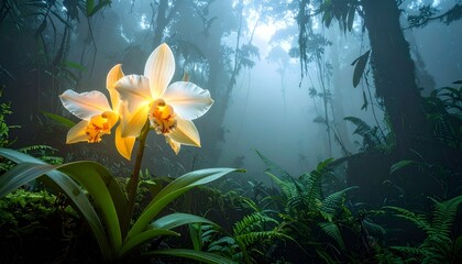 Majestic Orchid Bloom in Lush Rainforest with Mystical Foggy Atmosphere