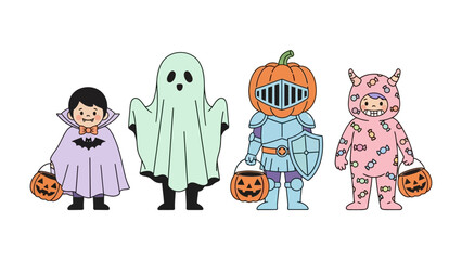 Halloween Fun: Group of creatively costumed kids stand in a row with happy pumpkin bucket, exuding excitement and playfulness. This image encapsulates the festive spirit of autumn.