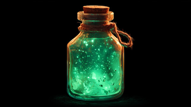 glowing green potion bottle with sparkling liquid, fantasy magic elixir illustration for Halloween, witchcraft, and mystical design	
