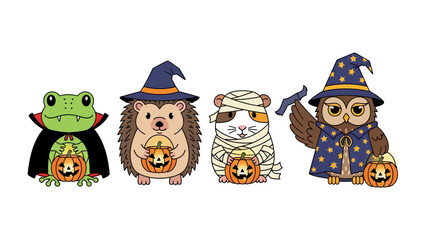 Whimsical Halloween Crew: Adorable, costumed animal companions, each showcasing their unique Halloween charm, holding jack-o'-lanterns and emanating the festive spirit of the season.