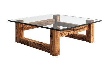 Coffee table features a clear glass top supported by a sturdy wooden base.
