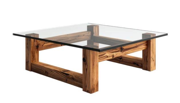 Coffee table features a clear glass top supported by a sturdy wooden base.