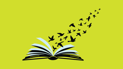 Flat vector open book turning into flying birds