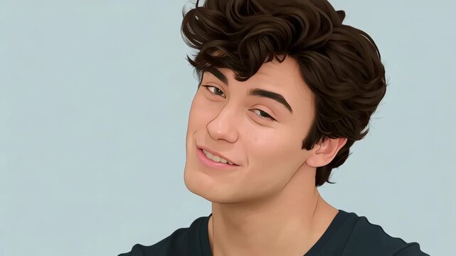 Smiling Young Man with Curly Hair Against Light Blue Background