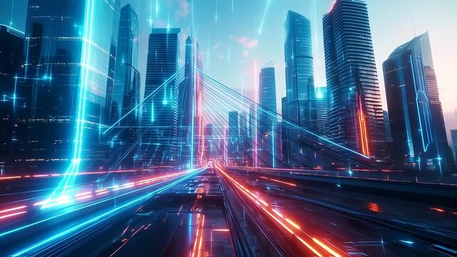 Futuristic city skyline with neon-lit roads and bridges