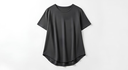 Charcoal minimalist tee with curved hem on white background, flat-lay with gentle fold, softbox top light.