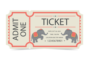 Ticket retro vintage circus with  elephants illustration.