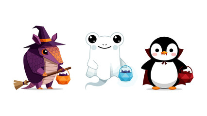 Halloween Cartoon Characters: A playful assortment of charming Halloween cartoon characters, each personifying a unique spooky persona while collecting treats in vivid detail.