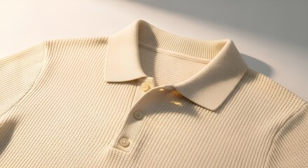 Cream textured knit polo on white backdrop, collar detail visible, warm soft lighting emphasizing texture.