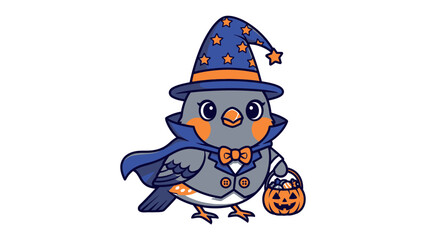 Spooky Bird: A charming, illustrated bird, dressed in a Halloween witch costume and holding a pumpkin-shaped treat basket, ready for trick-or-treating. 