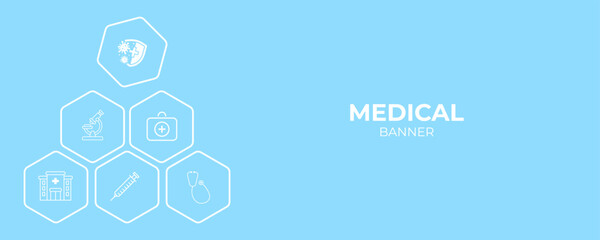 Blue Abstract Medical Background With Flat Icons And Symbols. Medical Healthcare Line Icons In Blue Hexagon Design. Health, Medicine, And Hospital Concept