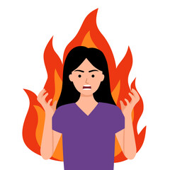 Young woman expressing anger, rage, fury on white background. Concept of negative emotion, mental health, emotional management, aggressive and angry feeling vector character.