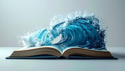 Experience the thrilling power of knowledge as a dynamic blue wave crashes from an open book