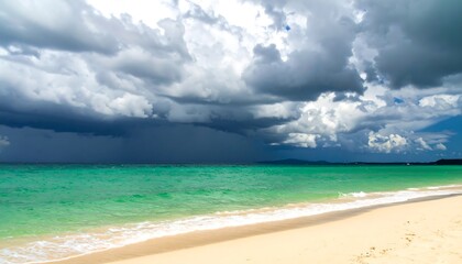Dramatic tropical beach scene with approaching storm clouds