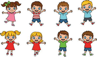 Happy cartoon kids illustration, group of smiling children jumping, colorful drawing, playful characters, childhood joy, fun expression, cute artwork