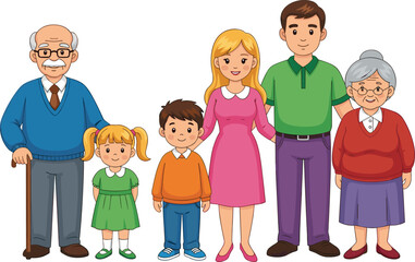 Happy cartoon family illustration with grandparents, parents, children, smiling characters, multigenerational household, family bonding artwork, cute drawing, togetherness concept