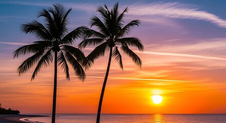 Dreamy tropical sunset with vibrant colors and silhouetted palm trees over a tranquil ocean