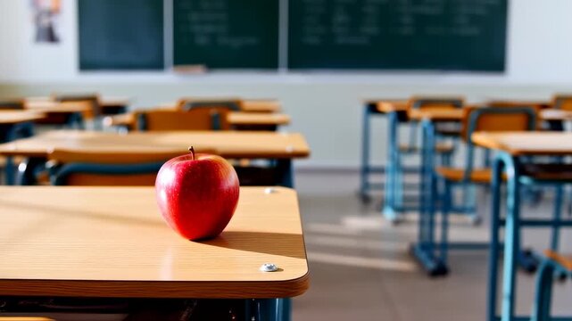 Red apple on a classroom desk; blurred rows of desks and chairs in the background