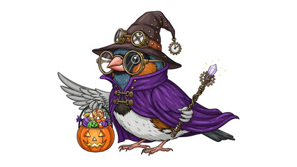 Wizard Bird with Halloween Treats: A charming bird dressed as a wizard, complete with a hat and magic wand, joyfully holds a jack-o'-lantern full of Halloween treats.