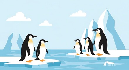 Obraz premium Cartoon penguins gathering on icy floes with a backdrop of serene arctic landscape illustration