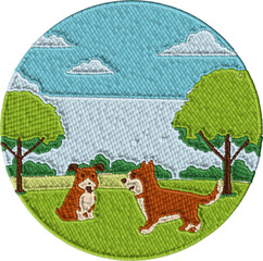Embroidery Dogs Ladscape in a Park Patch