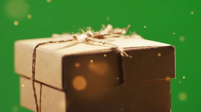 Festive Cardboard Gift Box with Twine Rotating on Green Screen.