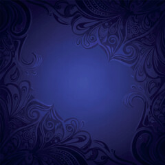 A dark blue background with intricate, swirling floral patterns in the corners, creating a decorative border.