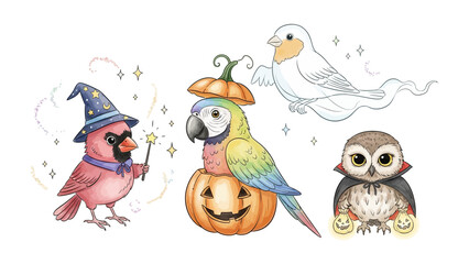 Spooky avian ensemble: A whimsical illustration featuring an owl, a parrot, and other birds adorned in Halloween costumes, perfect for conveying a playful atmosphere.
