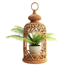 This image features a decorative wicker lantern with a plant inside, offering a natural and earthy visual experience.