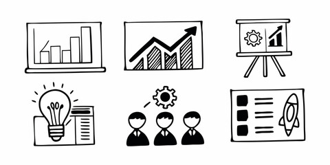 Hand drawn business icons showing growth, team work, ideas and project launch in black and white style