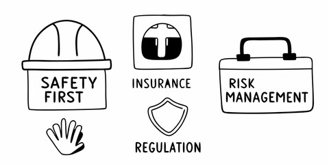 Illustration showing safety first hard hat insurance regulation risk management and hand gesture icon