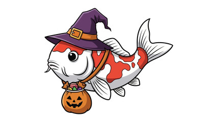 Halloween Koi Fish: A whimsical illustration of a koi fish, adorned with a witch's hat and a trick-or-treat bag, celebrating the spirit of Halloween with charm and creativity.