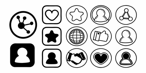Collection of black and white social media icons including heart star globe handshake and person symbols design