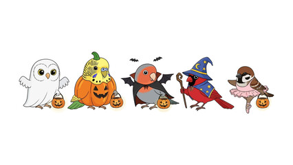 Halloween avian: Adorable illustration featuring a diverse group of feathered friends, each playfully adorned in Halloween costumes, capturing the whimsical spirit of the season.