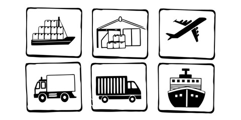 Illustration of transportation methods including ship, warehouse, airplane, and trucks in black and white